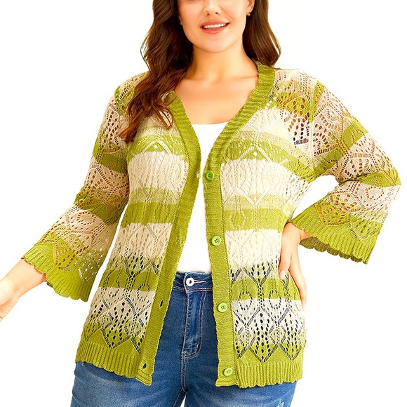 NWOT BloomChic “MEMORY” stripe pointelle cardigan sweater. Kiwi and ecru. Sz 12 - Picture 4 of 11